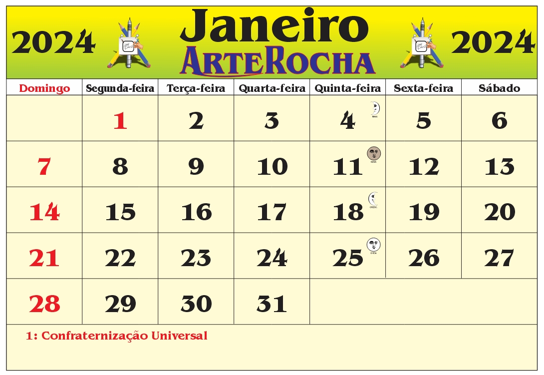 ARTEROCHA: CALENDÁRIO MÊS DE JANEIRO 2024