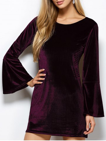  Flare Sleeve Back Cut Out Velvet Dress - Purplish Red