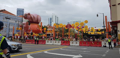 Chinatown in Singapore features pigs in a focal display.