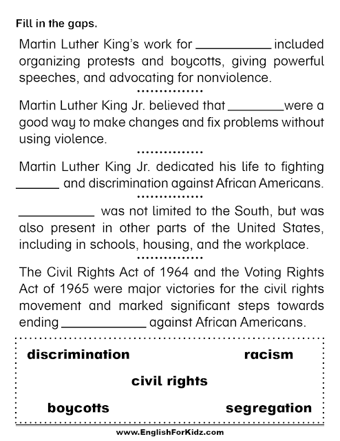 Martin Luther King fill in the gaps worksheet - fill in the blanks PDF worksheet