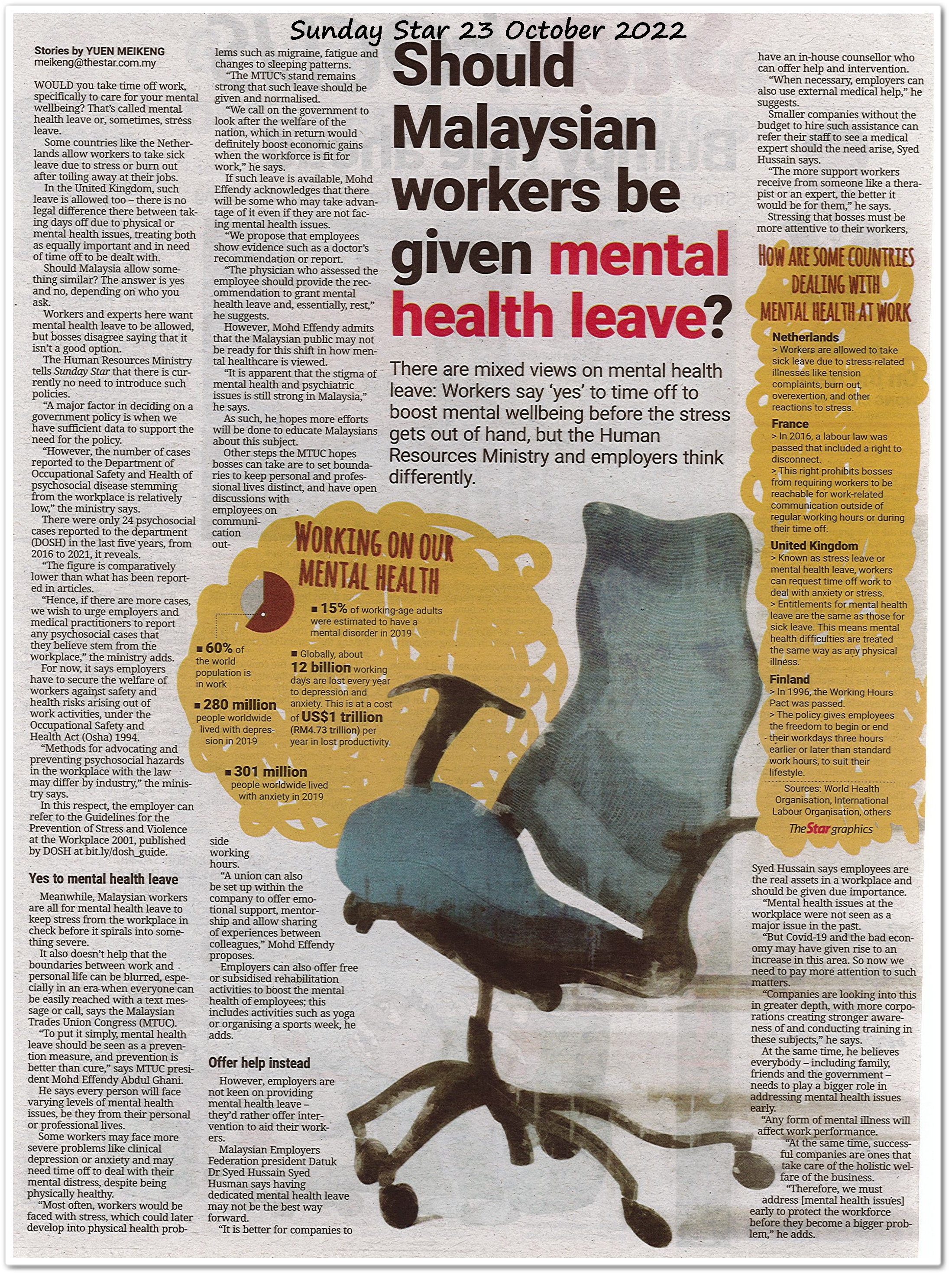 Should Malaysian workers be given mental health leave? ; Expert : Don't stigmatise workers struggling with mental health issues - Keratan akhbar Sunday Star 23 October 2022