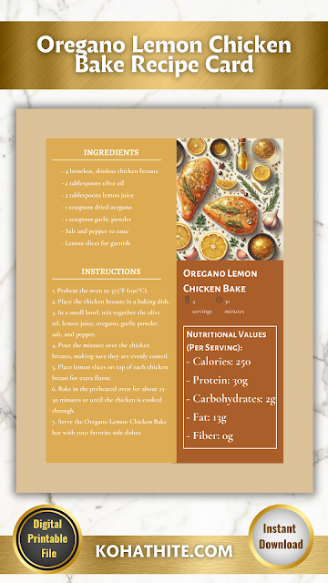 Herbaceous Gluten-Free Baked Chicken Recipe Card Printable PDFs | Rustic Aesthetic Botanical Illustrated Charming Cute Background Image Design