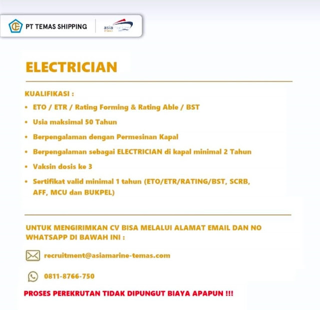 Loker Pelaut Temas Shipping Masinis 1, Electrician Oktober 2023