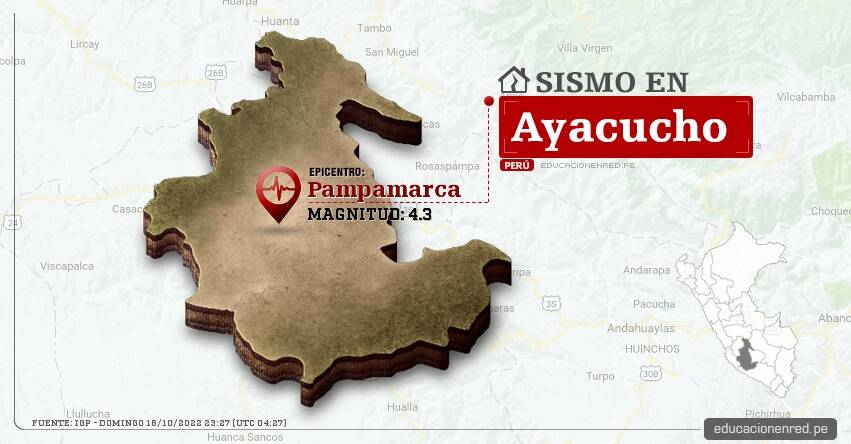 Temblor en Ayacucho de Magnitud 4.3 (Hoy Domingo 16 Octubre 2022) Sismo - Epicentro - Pampamarca - Parinacochas - IGP - www.igp.gob.pe