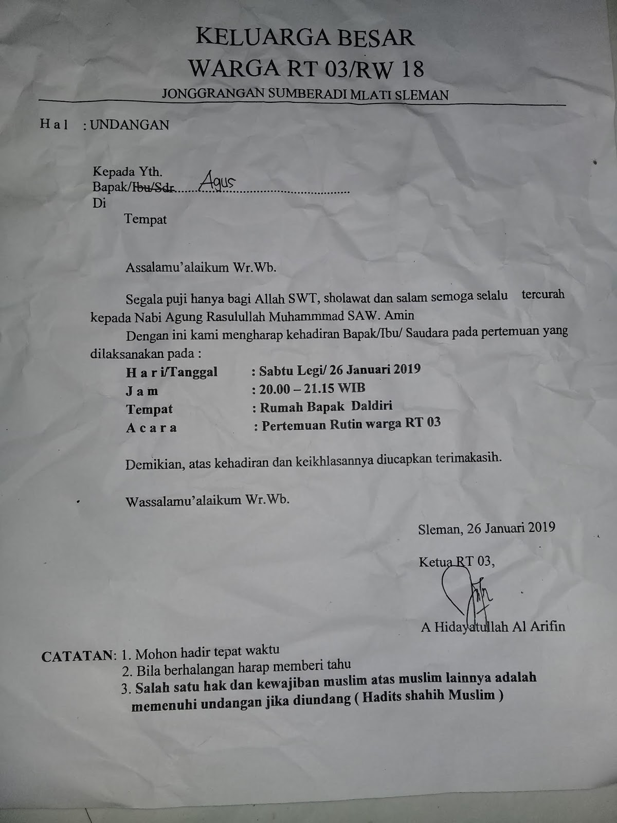 Contoh Surat Undangan Rapat RT / RW