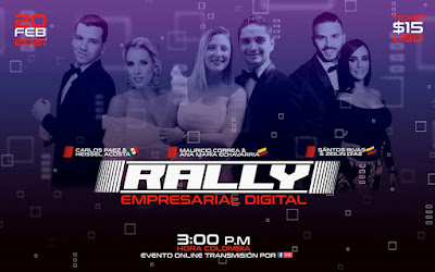 Alista tu lista de contactos y comparte la historia de cada una de las 3 parejas anfitrionas desde México, Colombia y Venezuela del RALLY EMPRESARIAL Digital, en común son grandes líderes que han logrado construir en la mente de más personas la idea en cada día apreEnder; rompieron el paradigma y hasta Tabú de jubilasen antes de los 40 años; conocen más de 10 países; sus ingresos mensuales superan los 50'millones de pesos colombianos; llevan haciendo Amway por más de 8 años; cuando empezaron el negocio estaban endeudados, entre otras..  Rally Empresarial Digital  🇲🇽 Carlos Páez & Heissel Acosta de México 💎 🇨🇴 Mauricio Correa & Ana María Echavarria de Colombia 💎💎 🇻🇪 Santos Rivas & Zeilin Díaz de  Venezuela 💎 📆 20 Feb 2021 🕒hora 3pm  Col 🎫$15USA  🔗  https://emprendimisocial.blogspot.com/2021/01/rally-empresarial-digital.html