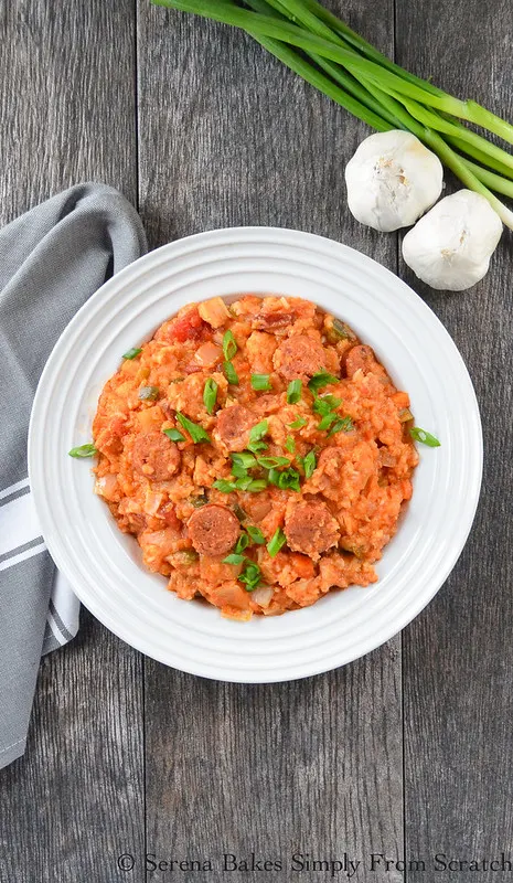 Crock Pot Chicken and Sausage Jambalaya is an easy to make fix it and forget it dinner. Serena Bakes Simply From Scratch