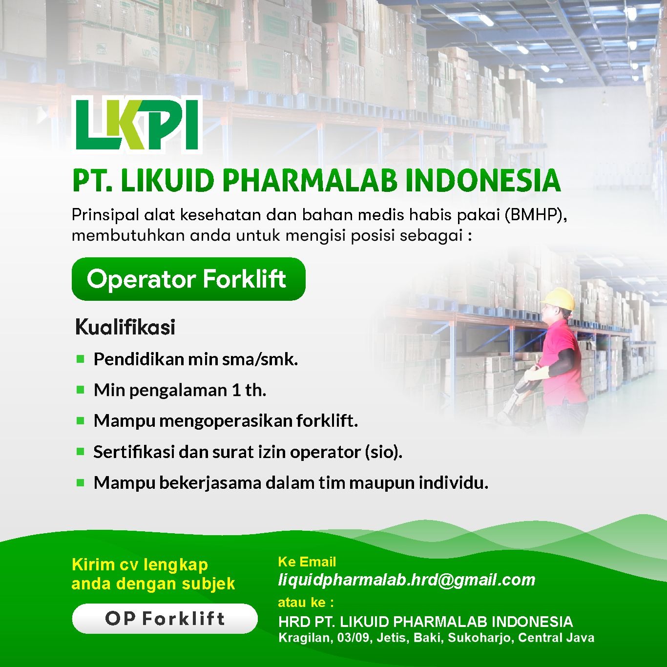 Lowongan Kerja LKPI, CV Tiga Likuid Plastindo, Apotek Likuid Farma, PT Trisa Likuid Farma di Sukoharjo
