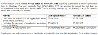 Extension of last date for submission of Online Applications for the Entrance Exam for Graduate Pharmacy Aptitude Test (GPAT)-2023