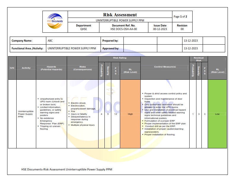 HSE Documents-Risk Assessment Uninterruptible Power Supply PPM