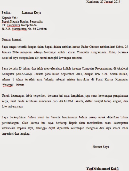 Contoh Surat Lamaran Kerja Yang Baik