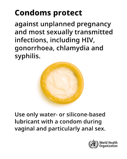 Condoms protect against unplanned pregnancy and most sexually transmitted infections, including HIV, gonorrhoea, chlamydia and syphilis. Use only water or silicone based lubricant with a condom during vaginal and particularly anal sex