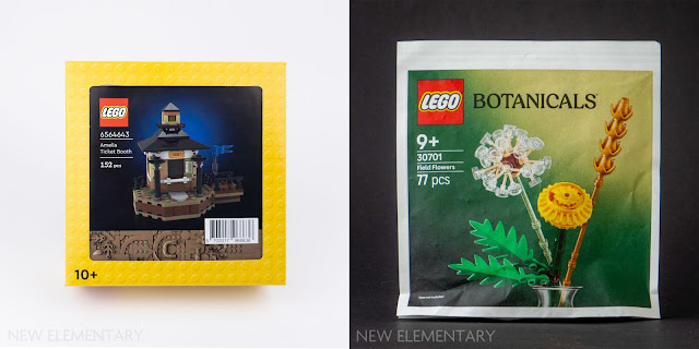 Lego July GwPs 5009157 Amelia Ticket Booth and 30701 Field Flowers in their packaging