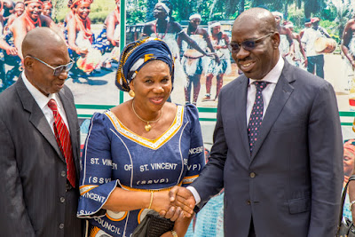  Governor Obaseki in a handshake with Mrs Betsy Onojah of the Society of St. Vincent De Paul 