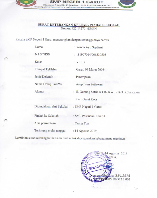 Contoh Surat Keterangan Keluar/Pindah Sekolah