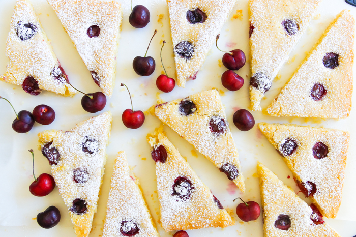cherry sheet cake cut into wedges