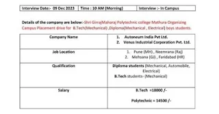 Diploma Jobs Campus Placement Drive for Autoneum India and  Venus Industrial Corporation Pvt Ltd at Shri Girraj Maharaj Polytechnic College  Mathura, Uttar Pradesh