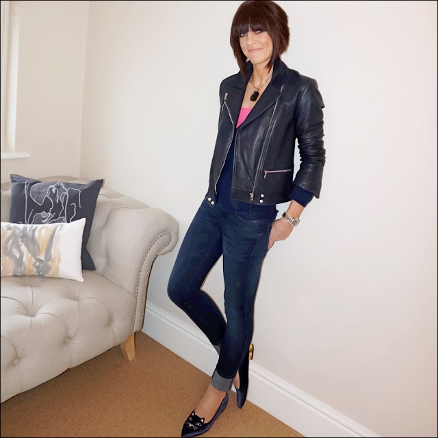 My Midlife Fashion, Massimo Dutti Biker Jacket, cosy cashmere deep v cashmere jumper, zara skinny jeans, tesco f and f camisole, charlotte olympia kitty slippers