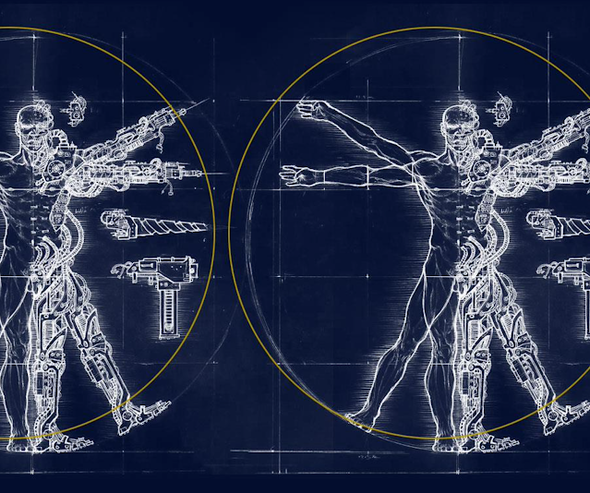 Planos de una persona mitad humano mitas robot en la forma del hombre de vitruvio