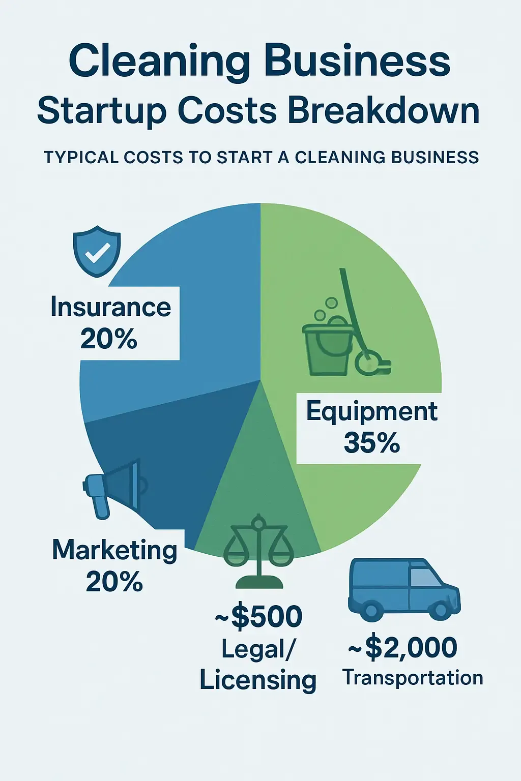 Infographic pie chart showing cleaning business startup costs breakdown: Equipment 35%, Insurance 20%, Marketing 20%, Legal/Licensing ~$500, Transportation ~$2000