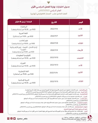 جدول اختبارات الصف الحادي عشر - المسار التكنولوجي 2022-2023 (نهاري)