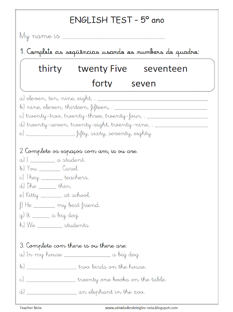 Atividades de inglês 5° ano do ensino fundamental