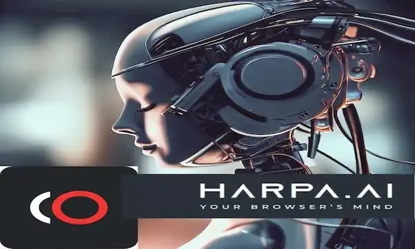 a close up of a robot with the logo "HARPA.AI". The robot's head has a black casing with two rectangular eye sections and a round mouth section. There is a blue LED light on the robot's forehead. The robot's neck and torso are also black and have a metallic texture.