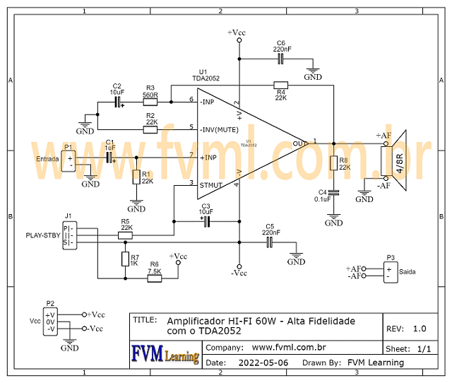 Circuito Amplificador HI-FI 60W - Alta Fidelidade com o TDA2052 - fvml