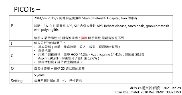 風濕免疫疾病患者的早期流產風險研究的研究族群、結果、時間、場景。