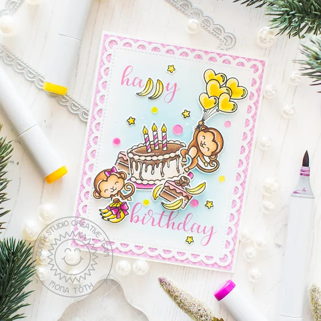 Sunny Studio Stamps: Make A Wish Love Monkey Frilly Frames Birthday Card by Mona Toth 