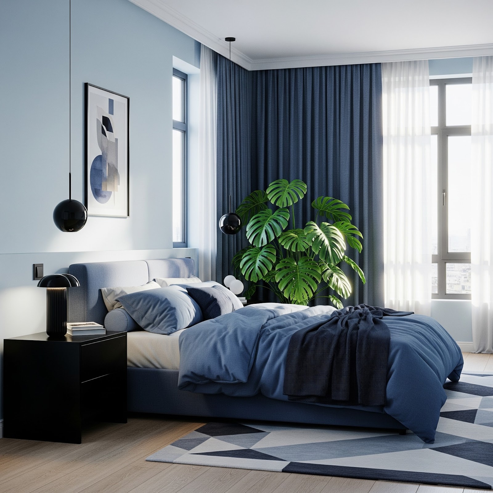 Dormitorio con todos azulados