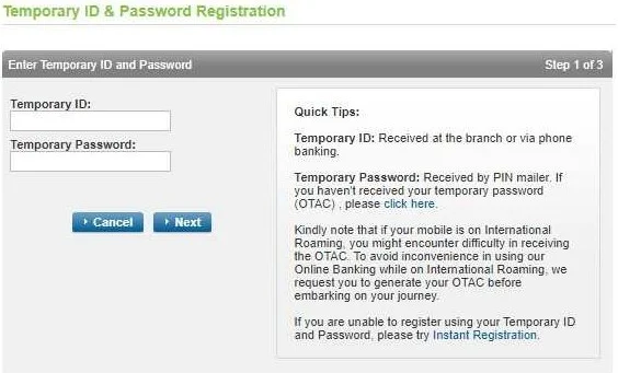 Standard Chartered Online Banking - Enter temporary ID and Password