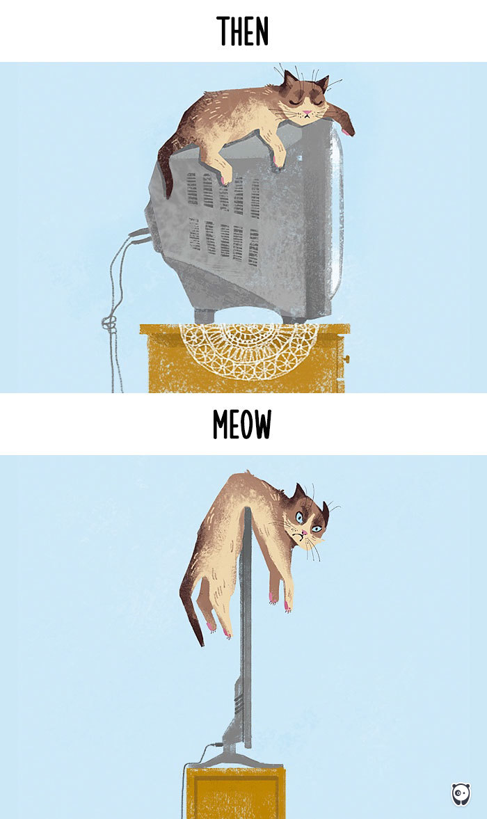 Then vs Meow How Technology Has Changed Cats’ Lives (10+ Pics) - Sitting On Tv