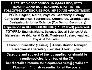 Teachers required for Qatar
