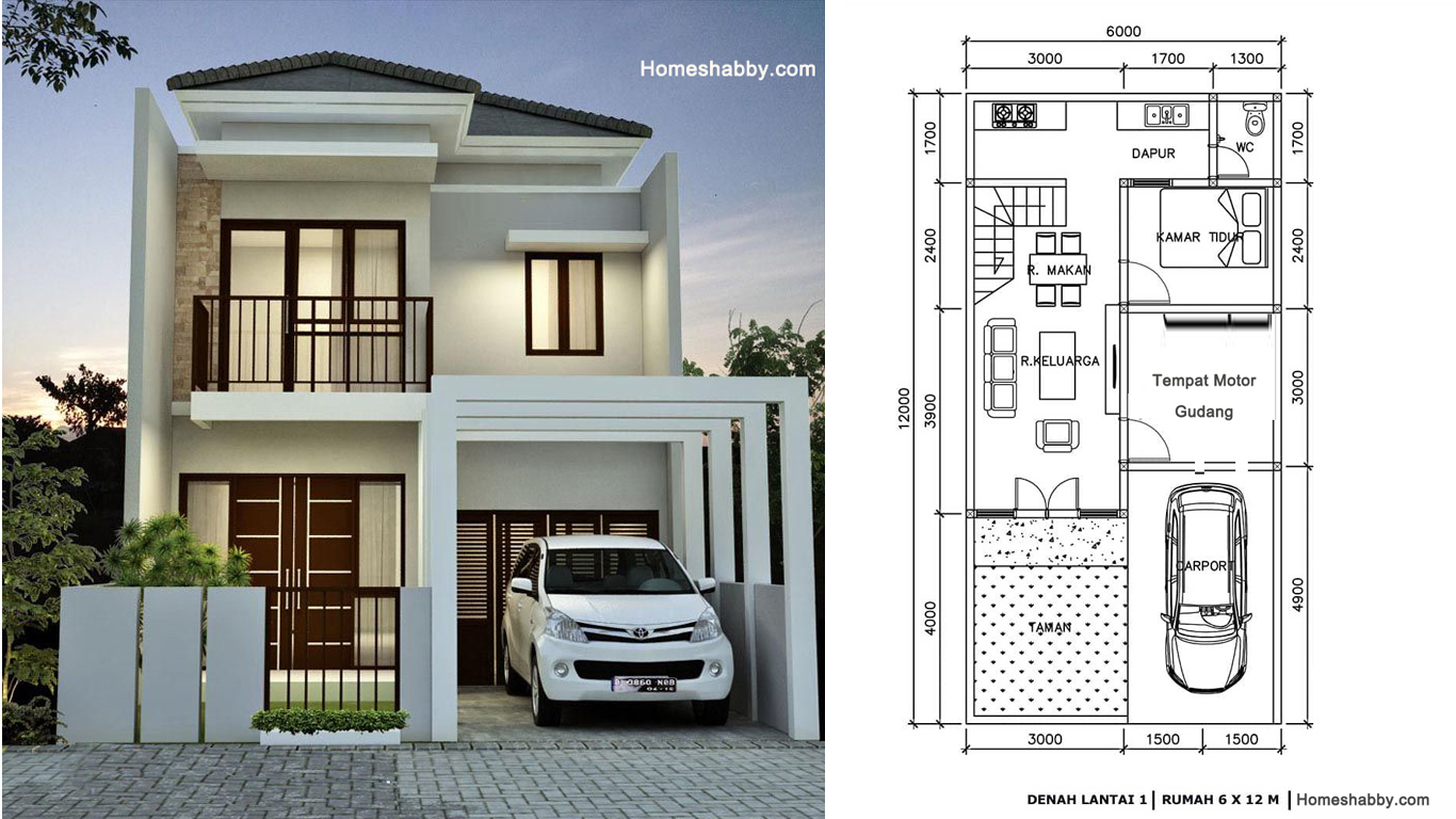 Desain Dan Denah Rumah Minimalis 2 Lantai Dengan Luas Lahan 6 X 12