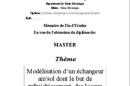 Modélisation d’un échangeur air/sol dont le but de rafraichissement des locaux par Belloufi Yousef