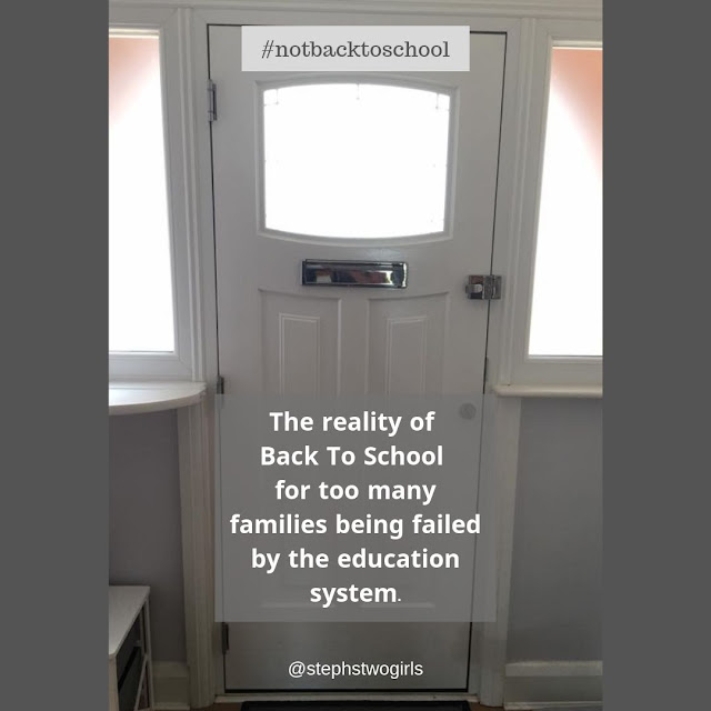 Picture of an empty front door with no child posing for a picture; words say ' the reality of back to school for too many families being failed by the education system'