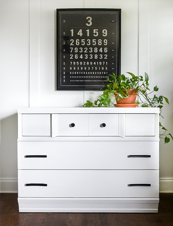 White painted MCM dresser with black hardware