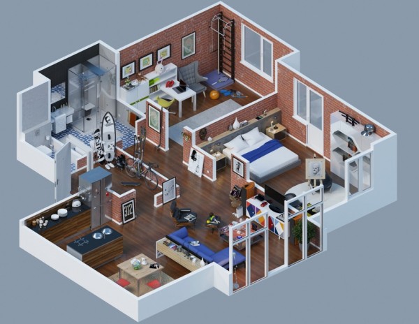 Gambar Denah Apartemen 3D Sederhana Modern