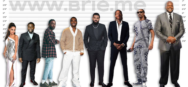 Ariana Grande, Kevin Hart, Kendrick Lamar, Kanye West, Drake, Wiz Khalifa, Snoop Dogg, and Shaquille O'Neal height comparison