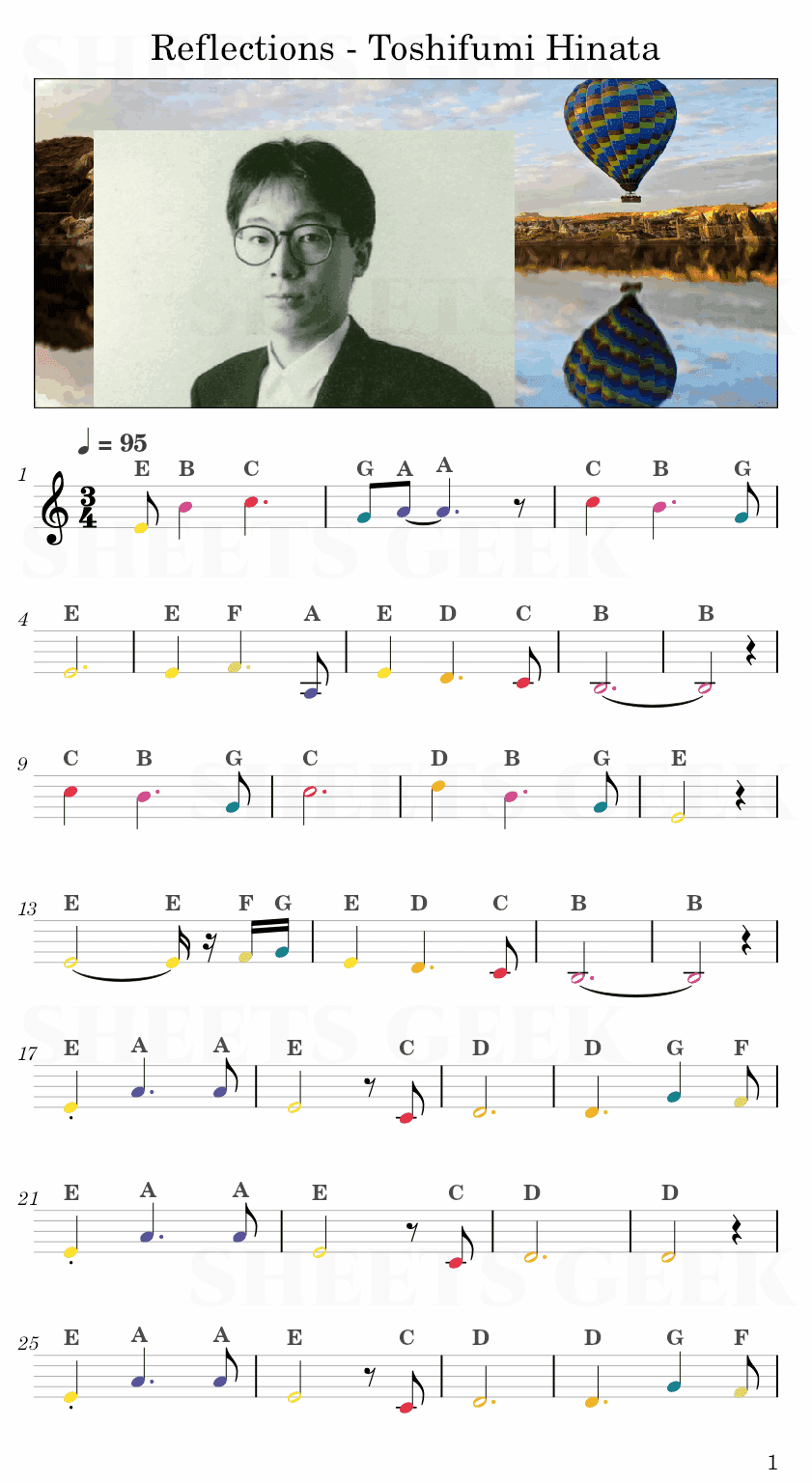 Reflections - Toshifumi Hinata Easy Sheet Music Free for piano, keyboard, flute, violin, sax, cello page 1