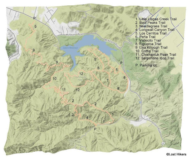 General map of trails hiked in Calero County Park by Lost Hikers