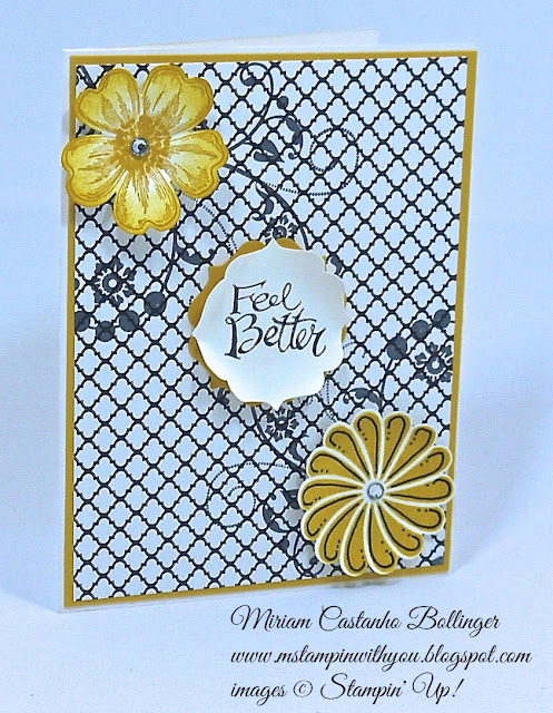 Miriam Castanho Bollinger, #mstampinwithyou, stampin up, demonstrator, ppa, get well, modern medley, flowering flourishes, crazy about you, sassy salutations, pansy punch, label bracket punch, 1-3/4" scallop punch, su