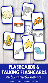 Vídeo de talking flash cards y tarjetas de vocabulario imprimibles de los animales del océano en inglés para educación infantil y educación primaria.
