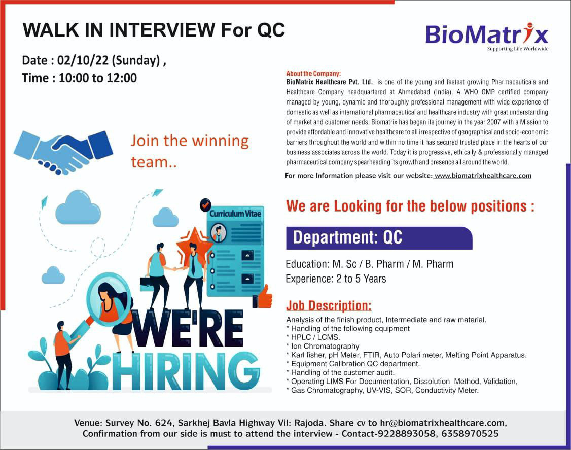 Job Available's for BioMatrix Healthcare Pvt Ltd Walk-In Interview for MSc/ B Pharm/ M Pharm