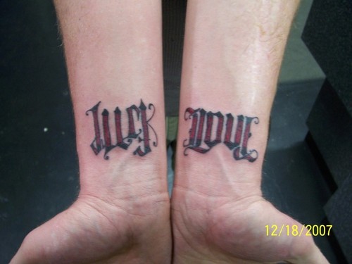 Ambigram tattoo on wrist.