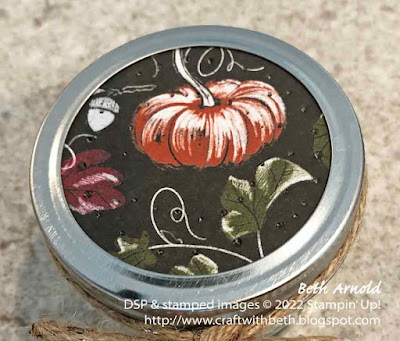 top of an aromatherapy air freshener in a glass pint canning jar decorated with fall patterned paper, Rustic Harvest DSP, home decor, aromatherapy, air freshener