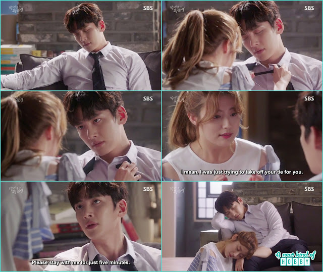 bong hee remove ji wook tie so he sleep peacefully but he woke up and ask bong hee to stay with him - Suspicious Partner: Episode 13 & 14 korean Drama
