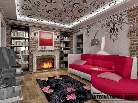 decorative stone wall and false ceiling for living room interior