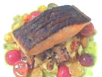 Crispy Skin Salmon on Warm Potato Mushroom Salad with Cherry Tomato Citronette